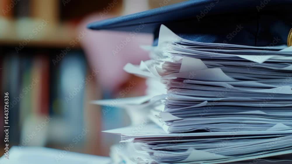Poster a stack of papers with a graduation cap on top, often used in academic or professional contexts to s