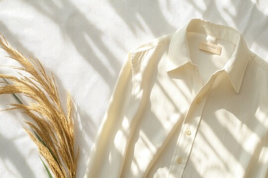 Neutral shirt and wheat stalks flatlay with soft shadows fashion apparel background
