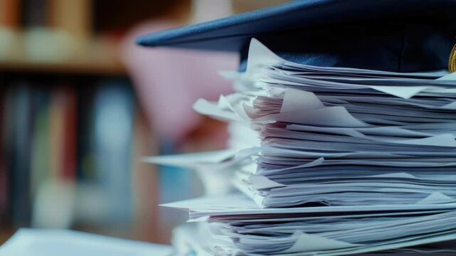 A stack of papers with a graduation cap on top, often used in academic or professional contexts to symbolize achievement and accomplishment