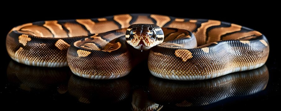 Ball python coiled with striking pattern against dark background