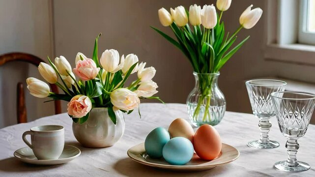Pastel Easter eggs and white tulips on elegant round table for spring holiday invitation, home brunch promotion or seasonal blog banner with soft daylight interior