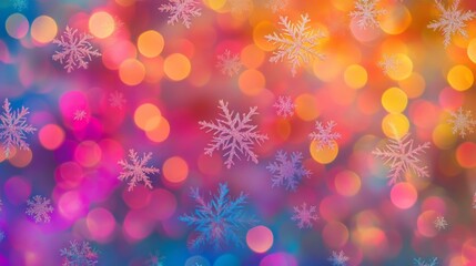 Snowflake on blurred, colorful bokeh Christmas backdrop.