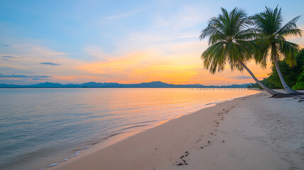 Island palm tree sea sand beach. Panoramic beach landscape. Inspire tropical beach seascape horizon. Orange and golden sunset sky calmness tranquil relaxing summer mood. Vacation travel holiday banner