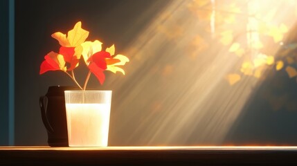 A delicate flower in a glass vase, bathed in warm sunlight