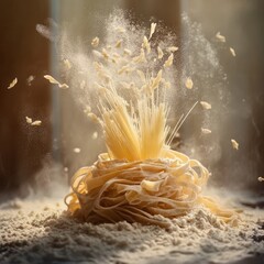 Fuzzy, raw fettuccine, flour, pasta nest.