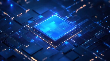 青色発光する正方形のチップデザイン 深い青色の背景と電線網の抽象的なデジタルイメージ