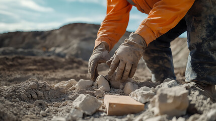 Construction Worker Handling Bricks on a Dusty Site