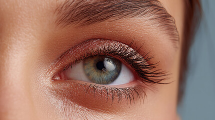 Close-up of a woman's eye, showcasing detailed skin texture and long eyelashes, representing beauty, health, and cosmetics