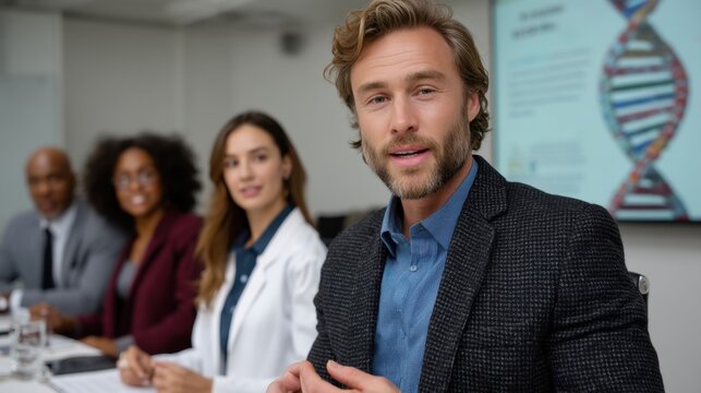 Business team meeting in office with diverse professionals discussing genetics DNA research presentation - Powered by Adobe
