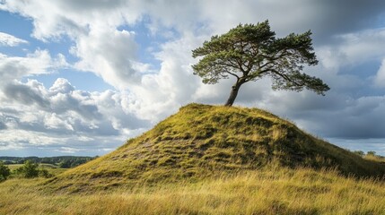 Hill tree, cloudy. Wallpaper.