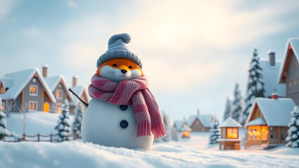 Obraz premium Cozy Winter Village Scene with a Cute Fox Snowman