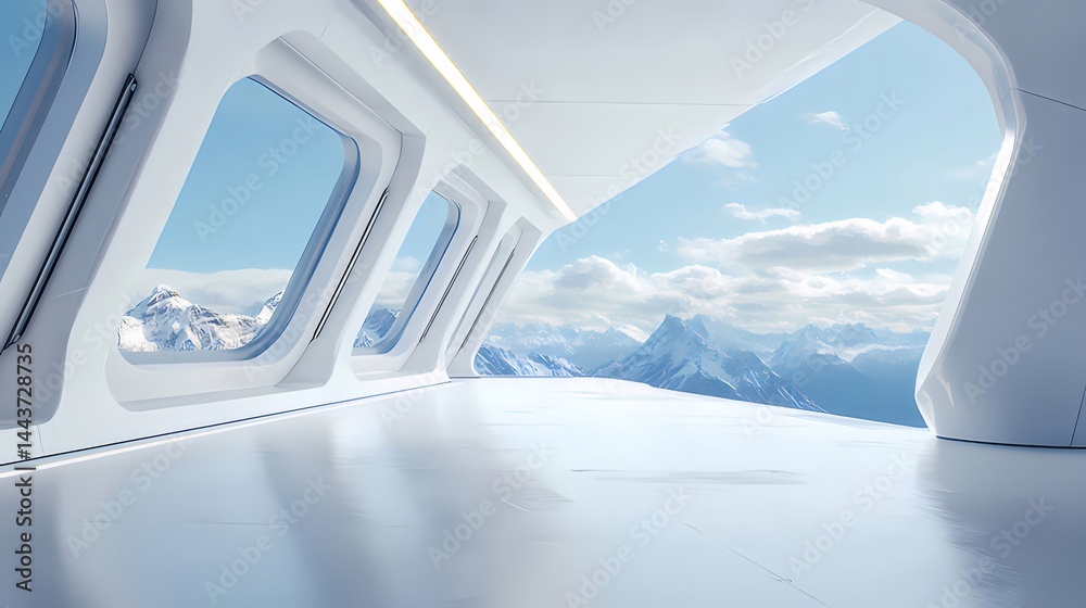 Aufkleber 未来的な白い空間と窓から見える雪山と青空のパノラマ 風景写真 明るい日中のミニマルな建築デザイン