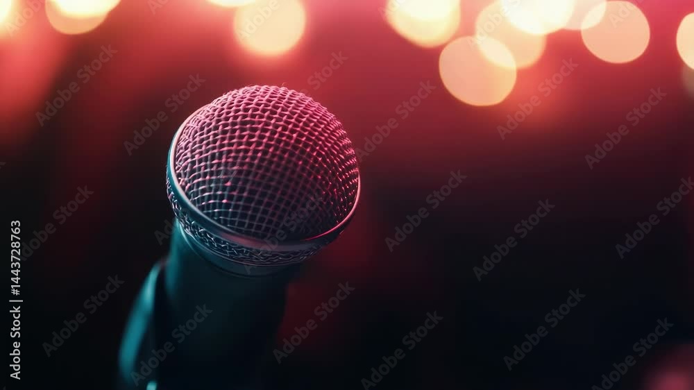 Poster A close-up shot of a microphone with a bright red light in the background, suitable for music-related projects