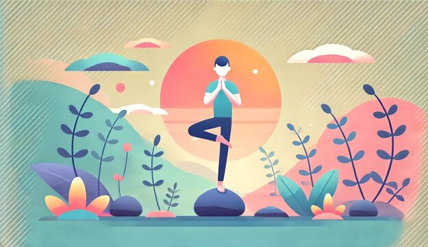 Illustration zen d'une personne faisant du yoga dans la nature au lever du soleil
