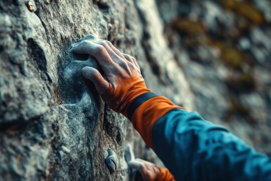 Detail of climber's hand gripping rock formation, wearing protective gear, showcasing strength and challenge in outdoor adventure