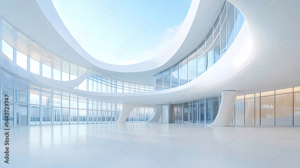 Aufkleber 未来的なデザインの白い建築内部空間 空色の背景とガラス張りの壁が特徴的なモダンデザインの構造