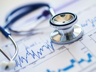 Detailed close-up of a stethoscope resting on a medical chart showing fluctuations and data