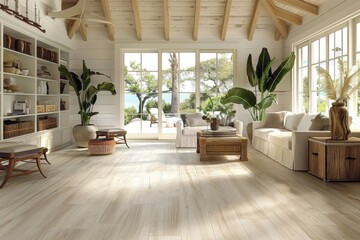 Stylish beach-themed living area with light-filled open space and beautifully designed SPC flooring