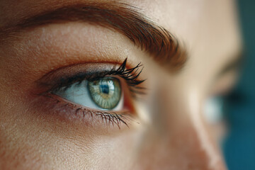 Fototapeta premium Close-up of a green eye with dark lashes and eyebrow, showcasing skin texture detail. Represents beauty, vision, and human connection