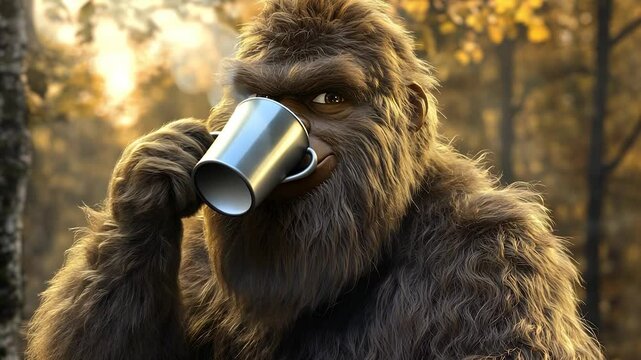 A furry creature resembling Bigfoot is holding a steaming mug with a forest background. The sunlight filters through the trees, highlighting the creature's dense fur.