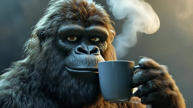 A furry creature resembling Bigfoot is holding a steaming mug with a forest background. The sunlight filters through the scene, highlighting the creature's dense fur and relaxed expression.