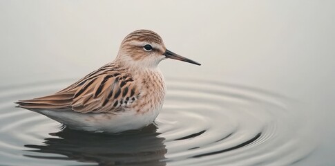 Obraz premium In the stillness of early morning, a lovely bird stands in water with subtle ripples, set against a backdrop of tranquility