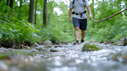 Hiking through a serene forest creek.  A person wearing a backpack walks across a small stream in a lush green forest.  Water cascades over rocks