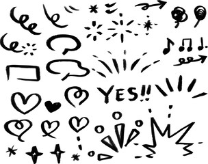 vector illustration of a set of icons-set of black ink splashes-black chisel point marker arrows ,heart stars Hand drawn lines, note book scrapbook arrows pack . vector abstract office white board