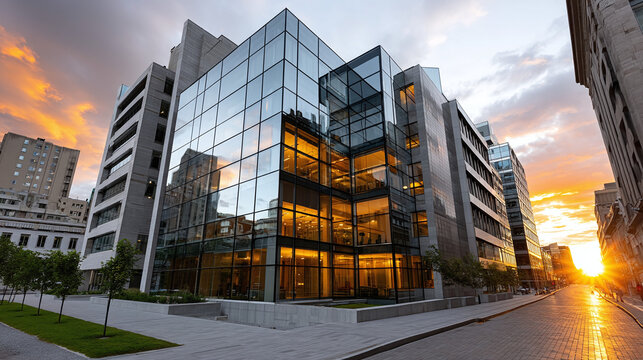 Modern glass skyscraper reflecting city lights elegant architecture structure