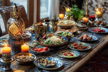 Naklejka premium Ramadan tables. AI generated illustration.