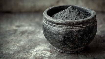 Naklejka premium Ash in dark stone bowl on a textured gray surface