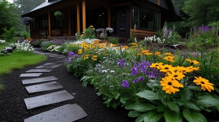 Cozy wooden home with vibrant garden path