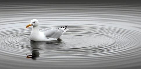 Obraz premium A white bird, elegant in appearance, glides smoothly through calm water at dawn with soft ripples all around