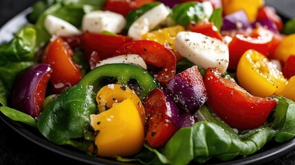 Vibrant salad with colorful vegetables and cheese.  Fresh, healthy, and flavorful