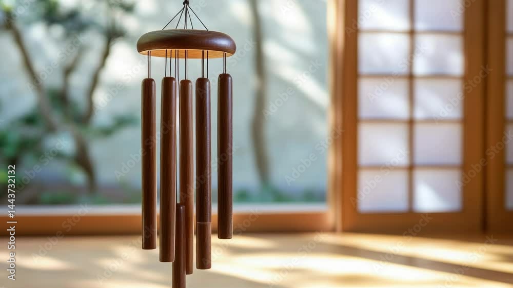 Poster a detailed view of a wind chime hanging from the ceiling, with intricate details and soft lighting