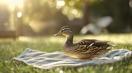 Single wild duck resting on striped blanket in golden evening sunlight on green grass