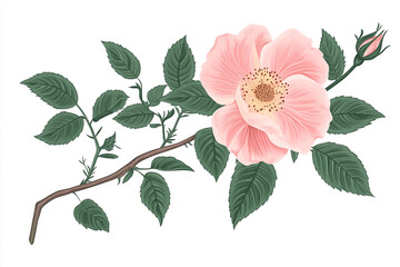 Obraz premium Delicate Pink Dog Rose Blossom Branch with Green Leaves