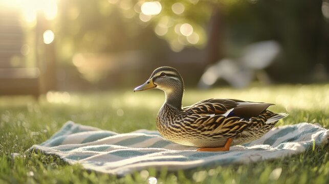 Single wild duck resting on striped blanket in golden evening sunlight on green grass