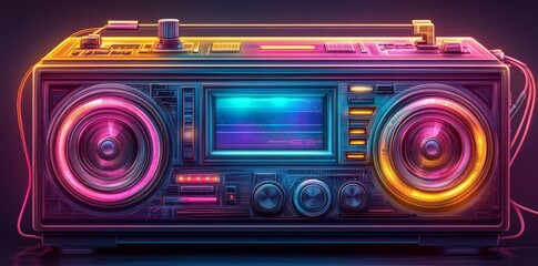 The boombox embodies a retro futuristic aesthetic, featuring bold colors and luminous displays on a cosmic-themed background