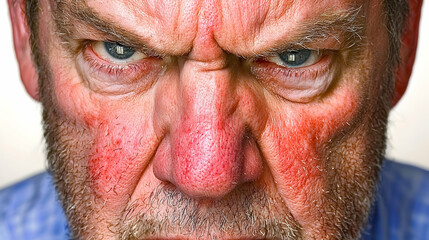 Angry senior man close-up portrait, intense expression, flushed face, possible use illustration for anger management
