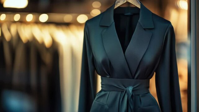 A black jacket hangs from a rack in a clothing store