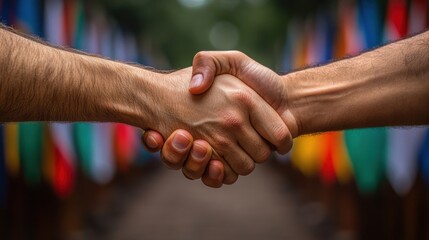 Close-up of a handshake between two people with visible forearms, set against a backdrop of blurred international flags, symbolizing cross-cultural agreement and cooperation.