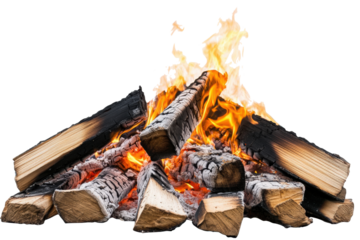 A blazing campfire with logs burning intensely creating warmth and light in the darkness