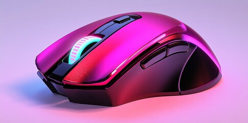 Against a spotless background, a modern tech setup proudly displays a gaming mouse adorned with LED lights in various colors