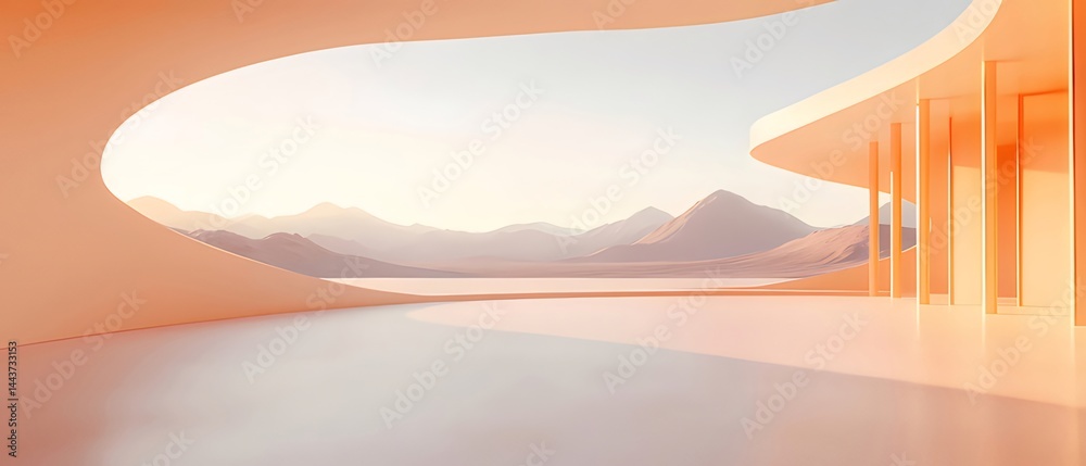 Poster オレンジ色の風景と建物内の光と影の穏やかな風景 パノラマビューと山々