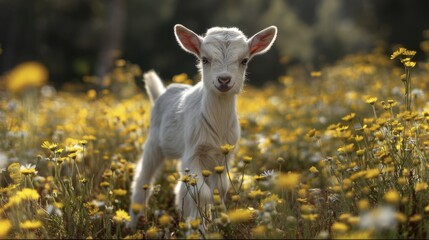 Naklejka premium Young white goat kid stands confidently in sunny field of yellow wildflowers