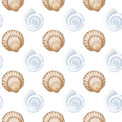 Seamless marine pattern. White and brown seashells on a white background, hand-painted. Watercolor illustration. Marine theme. For textile design, wallpaper, packaging.