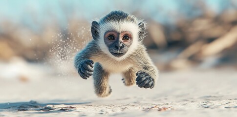 Obraz premium A dynamic pose is assumed by the Capuchin monkey model, which features its notable black and white fur