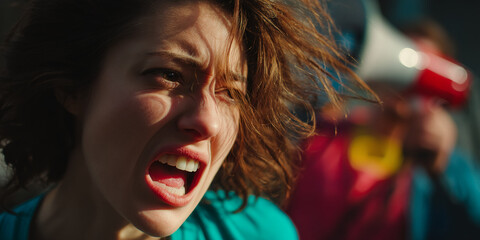 Close-up of woman's face, brown hair blowing, mouth open in shout, expressing anger or protest. Represents emotion, demonstration, activism