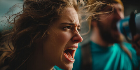 Close-up of woman with windblown brown hair, mouth open in a shout, conveying strong emotion and protest